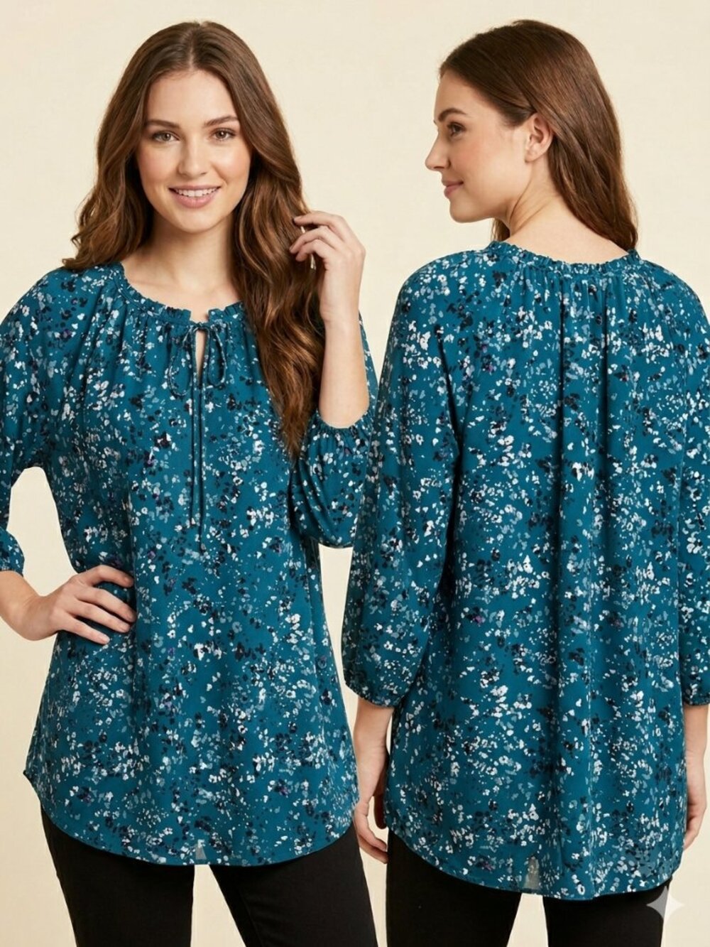 Croft & Barrow Women's Plus 2X Teal Abstract Print Blouse 3/4 Sleeve Pleated Nec